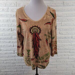 Cactus Bay Womens Top XL Tan Artsy Latin America Recipes Chile Relleno C11E